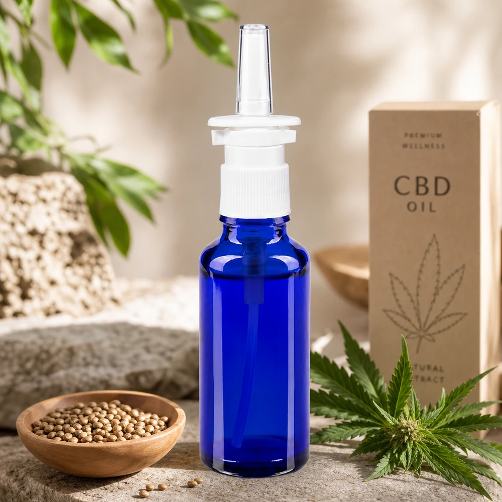 30 ml:n ApoGlas-nenäsumutepullo, koboltinsininen, täytetty CBD-öljyllä ja luonnonaiheisella koristeella