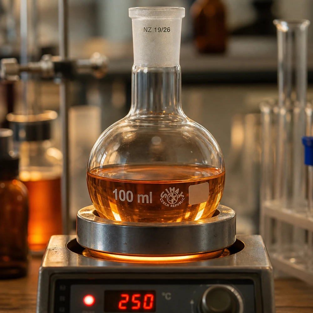 100ml lantiopullo, jossa on vakiohiottu liitos (19/26). Seisova pullo 100 ml lämpölevyllä 250 °C:n lämpötilassa - kuumuutta kestävä laboratoriotulppa-astia, jossa on 19/26 standardin mukainen hiottu liitos.