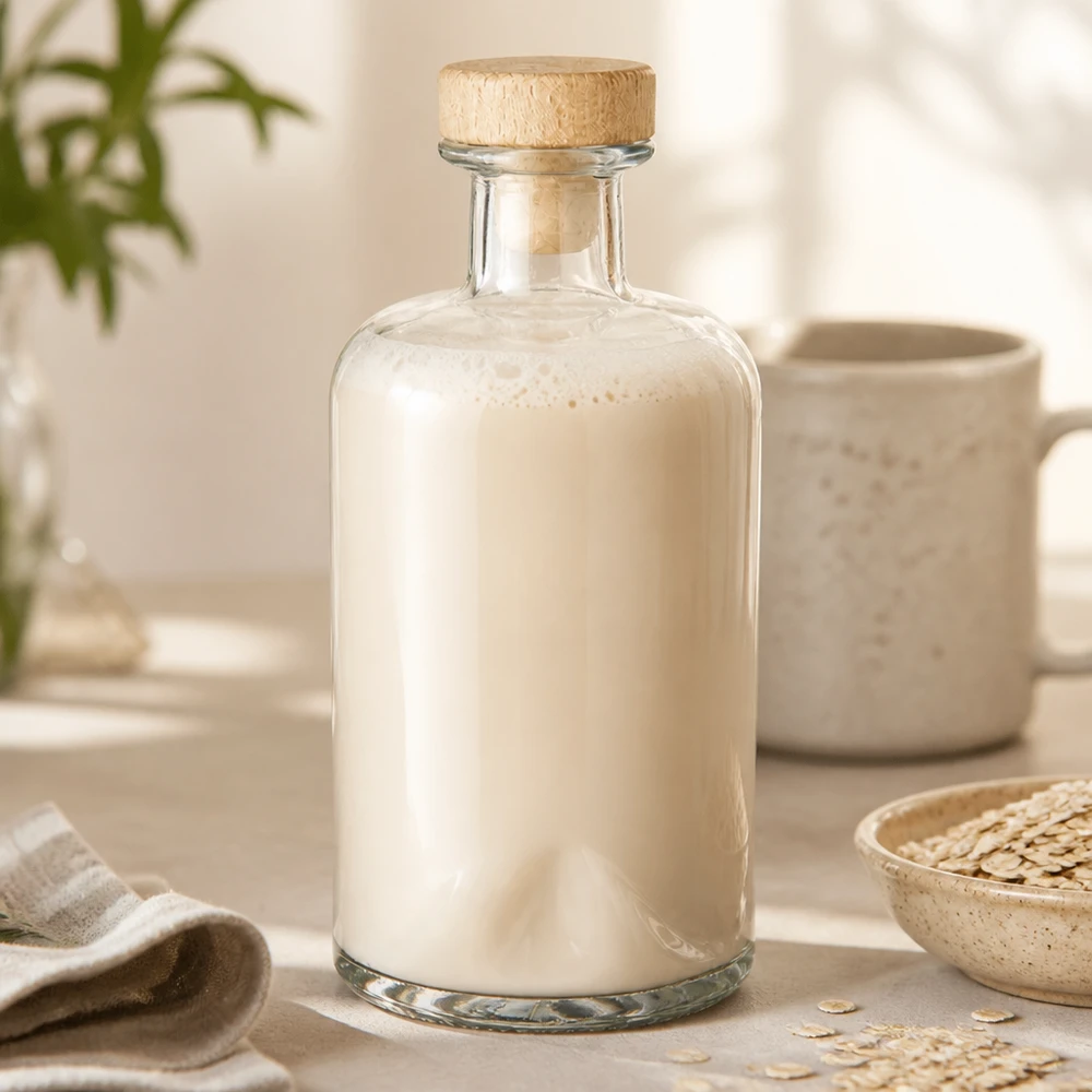 500ml Apothekenflasche "Classic" mit Holzgriffkorken UNiTWIST® 500ml Glasflasche Sofia mit Milch befüllt in natürlicher Küchenszene mit Haferflocken und cremefarbener Keramik