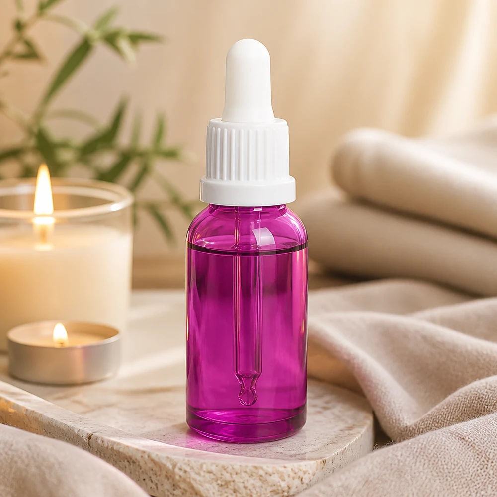 Laadukkaasta lasista valmistettu 20 ml:n premium-pipettipullo violetissa värissä seerumeille ja öljyille.