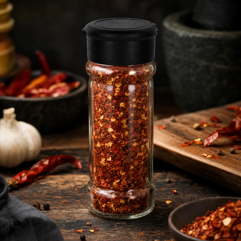 Suola-/maustepurkki 100 ml, musta, ripottimella 100 ml:n maustepurkki, joka on täytetty chilihiutaleilla ja varustettu mustalla ripottelukannella, puualustalla