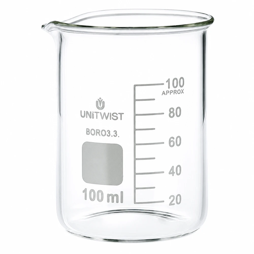 100 ml borosilikaattilasi, matala muotti UNiTWIST UNiTWISTin matalaprofiilinen 100 ml:n borosilikaattilasimuki, jossa on millilitrimittakaava