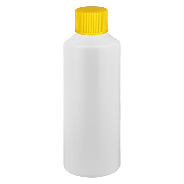 Apteekkipullo HDPE 100ml valkoinen, keltaisella ruuvikorkilla varustettu Apteekkipullo HDPE 100ml valkoinen, keltaisella ruuvikorkilla varustettu