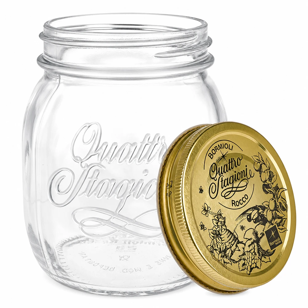 700ml pyöreä purkki "Quattro Stagioni", jossa on kansi. Quattro Stagioni 700ml säilöntätölkki, jossa on irrotettava ruuvikansi Yksityiskohta Italialainen säilöntätölkki