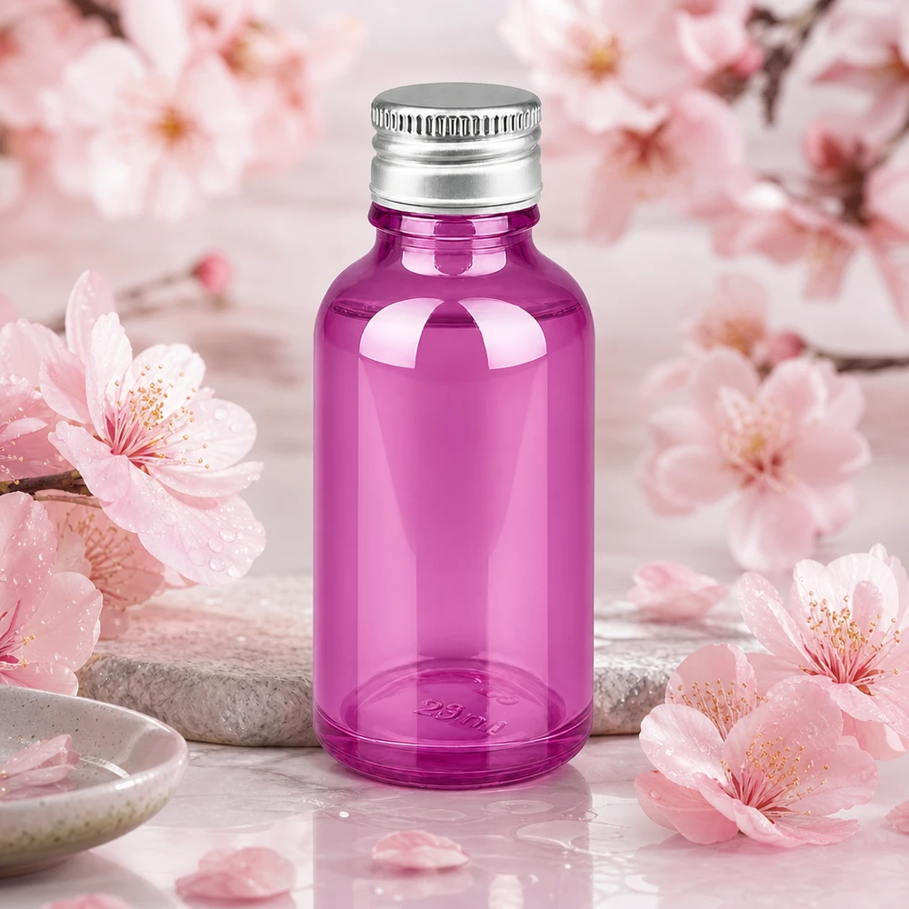 30ml pullo 11mm ruuvikorkki alumiini-hopea vakio PurpleLine.UT18/30 Tyylikäs violetti lasipullo 30ml, jossa on mattahopea korkki aromaterapiaan ja hyvinvointiin.