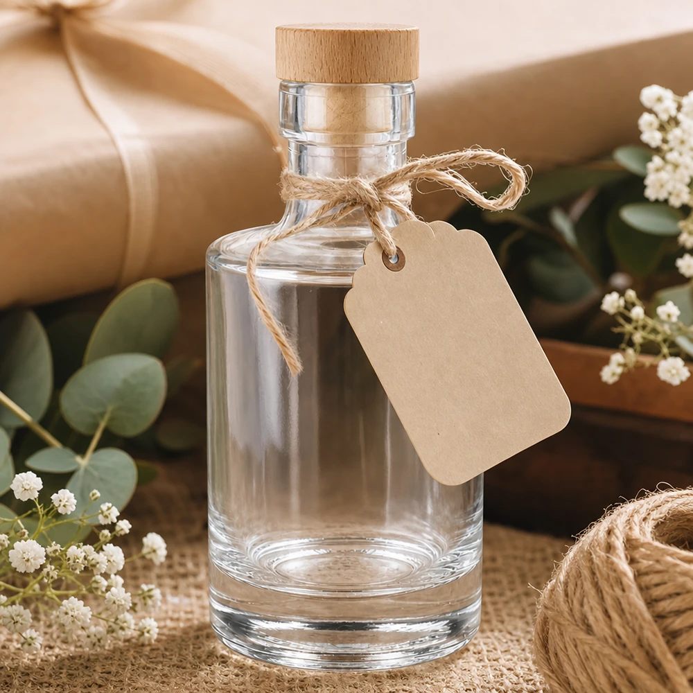 200ml Glasflasche "Marie" mit Holzgriff-Korken UNiTWIST 200ml lasipullo Marie tyhjä, puukorkki, voimapaperilappu, lahjapakkaus eukalyptuksella ja gypsofilalla.