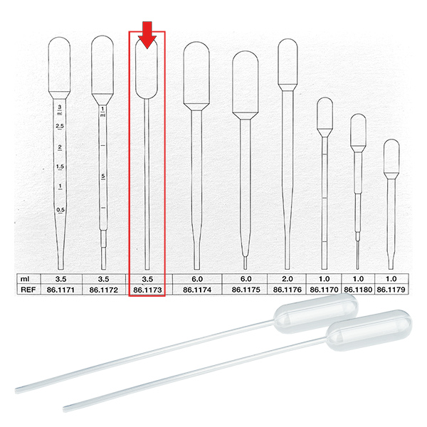 3,5 ml:n siirtopipetti (155x12,5 mm) ilman asteikkoa. Graduaatio 3,5 ml:n siirtopipetti (155x12,5 mm) ilman asteikkoa. Graduaatio