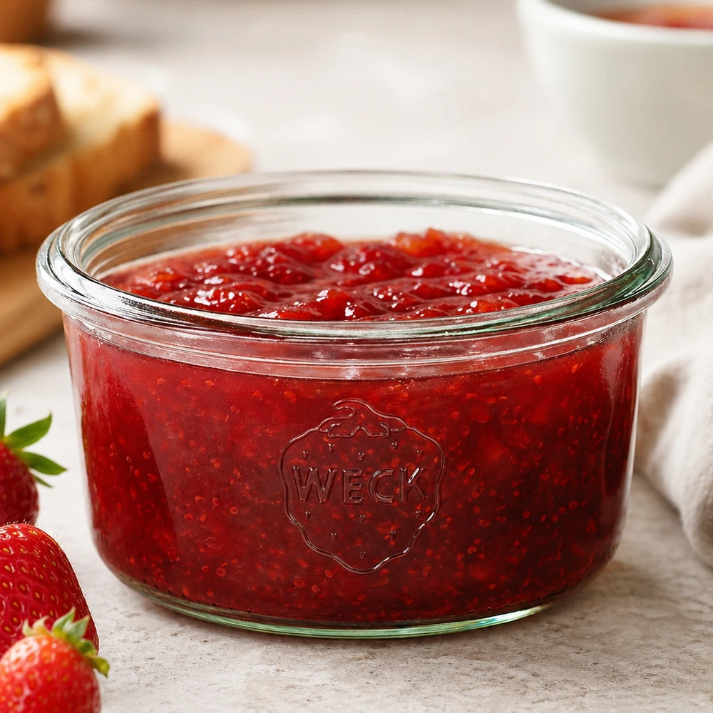 165 ml:n WECK RR80 -lasipurkki 165ml WECK RR80 -purkki täynnä punaista mansikkahilloa valkoisella puupöydällä tuoreiden mansikoiden ja leivän vieressä.