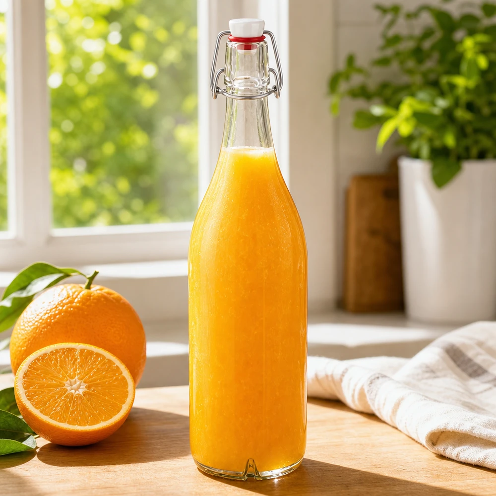 1000 ml:n lasipullo PVC-viipymäinen korkki täynnä tuoretta appelsiinimehua appelsiinin vieressä puisella ikkunalaudalla.