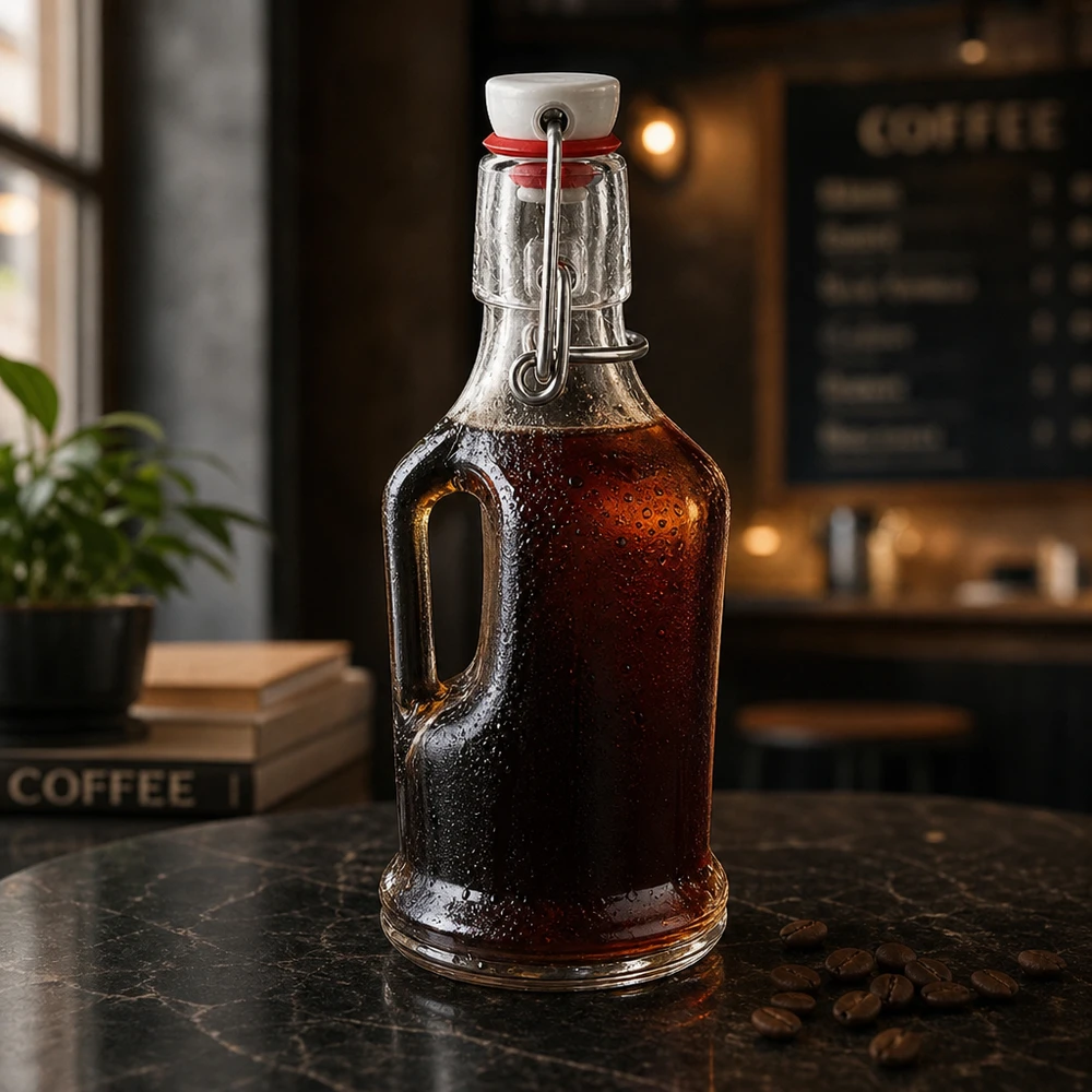 200ml Glasflasche "Bertha" + PVC Bügelverschluss UNiTWIST 200ml Glasflasche Bertha mit dunklem Kaffee-Sirup befüllt, Bügelverschluss UNiTWIST, Coffeeshop-Atmosphäre