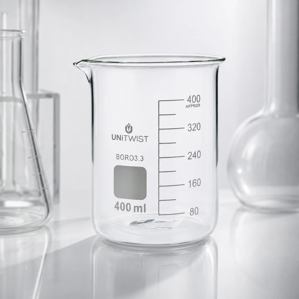 400 ml borosilikaattilasi, matala muotti UNiTWIST Tyhjä UNiTWIST-lasikulho, 400 ml, borosilikaattilasia 3.3, matala malli, tarkka ml-asteikko