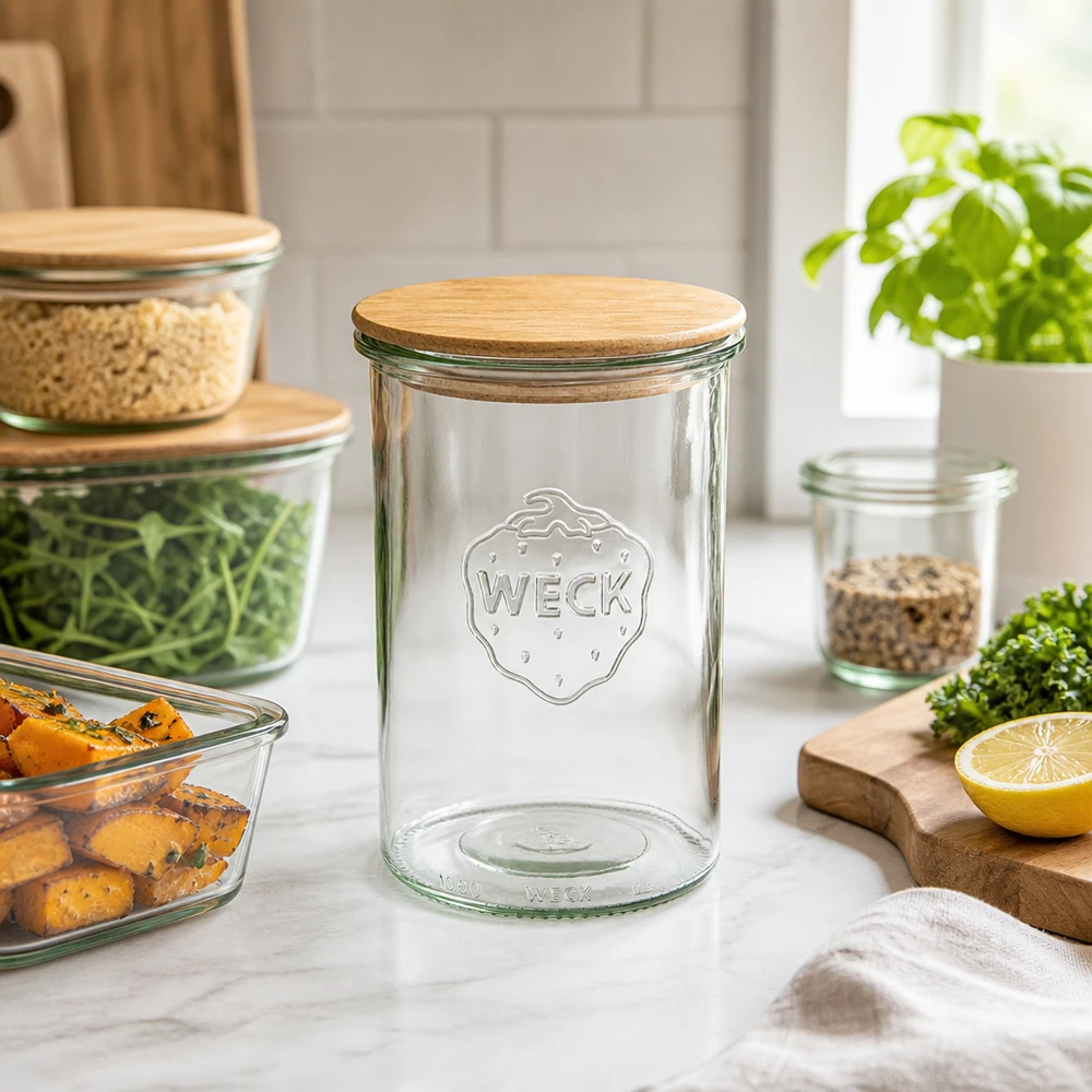 1000ml WECK RR100 juomalasit puukannella varustettuna WECK juomapullot 1000ml RR100 tyhjä puukannella modernissa keittiössä, jossa on vihanneksia ja muita säilytyspurkkeja.