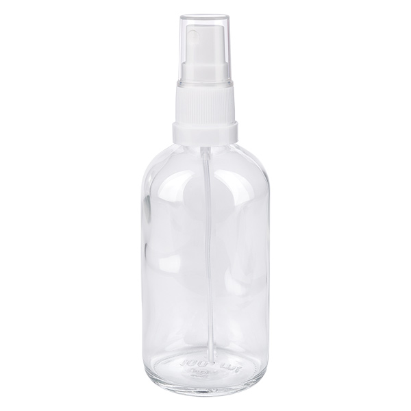 100 ml:n kirkas lasinen suihkepullo, jossa on valkoinen sumutin, ClearLine-sarja