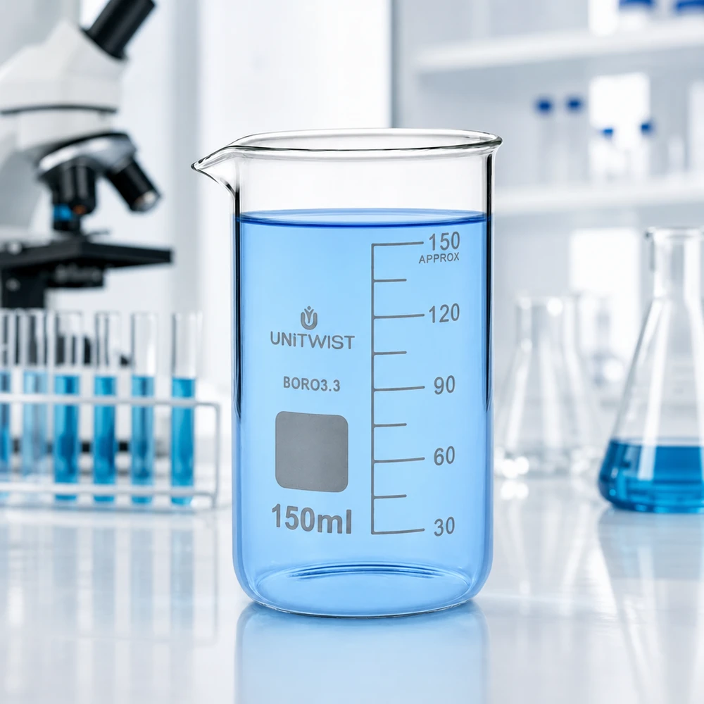 Laboratoriokuva: UNITWIST-koeputki, 150 ml, korkea malli, borosilikaattilasia, täytetty sinisellä nesteellä