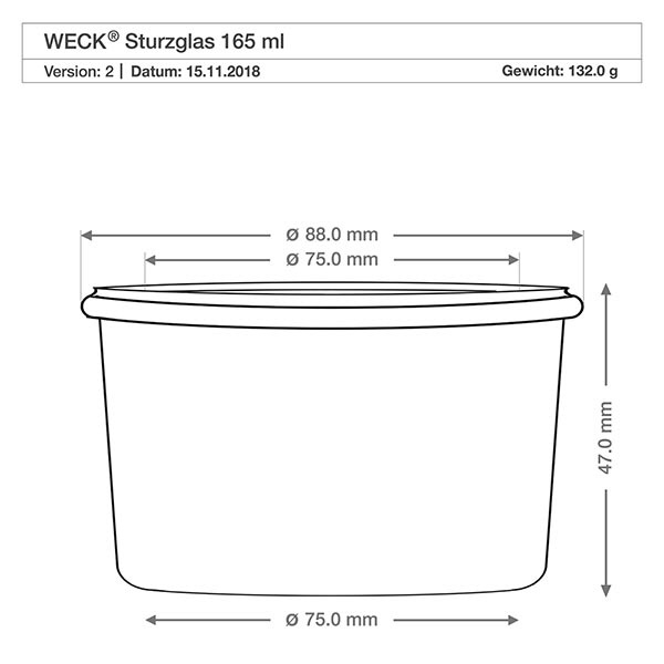 165 ml:n WECK RR80 -lasipurkki Tekninen piirustus 165ml WECK-rumpuja RR80, mitat 88mm halkaisija 47mm korkeus 132g paino