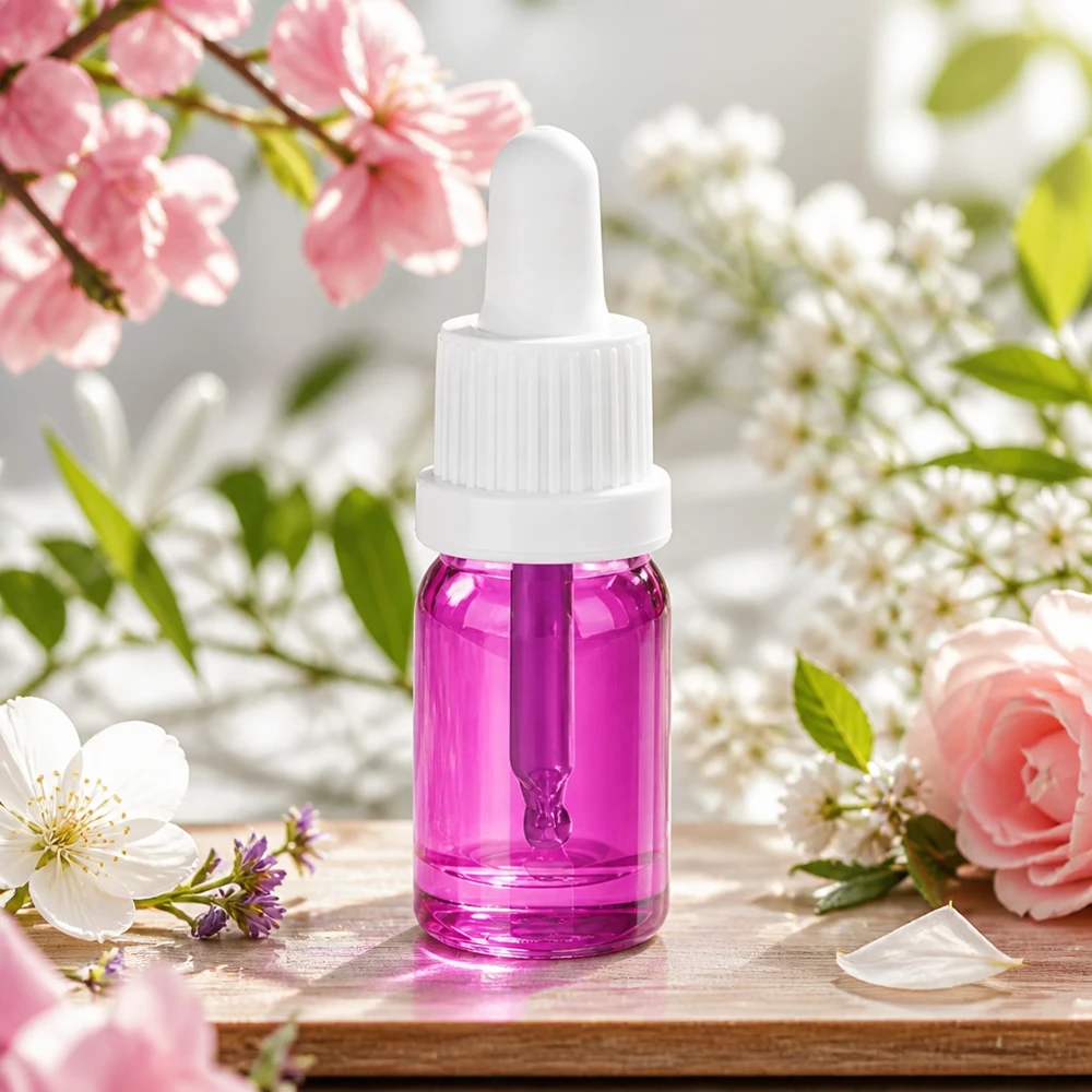 Pienikokoinen 5 ml:n pipettipullo, jossa on läpinäkyvä violetti lasi ja valkoinen tiputuskorkki.