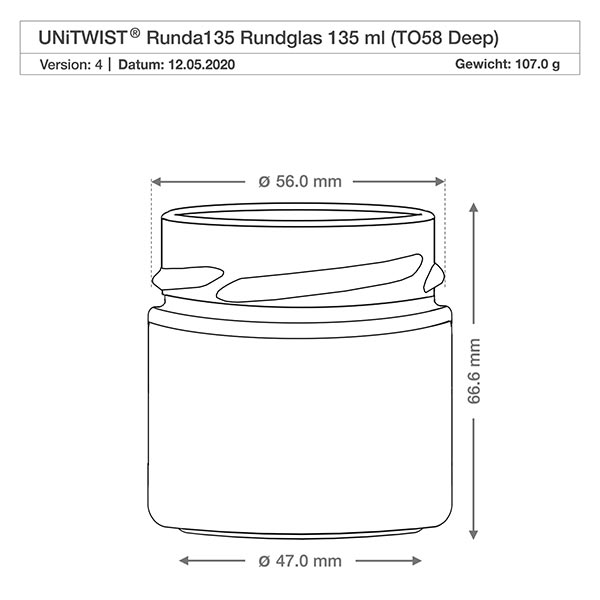 135ml pyöreä purkki ilman kantta (TO58deep) UNiTWIST UNiTWIST Runda135 pyöreä lasi 135ml TO58 Deep tekninen piirustus, jonka mitat ovat 56mm halkaisija 66.6mm korkeus