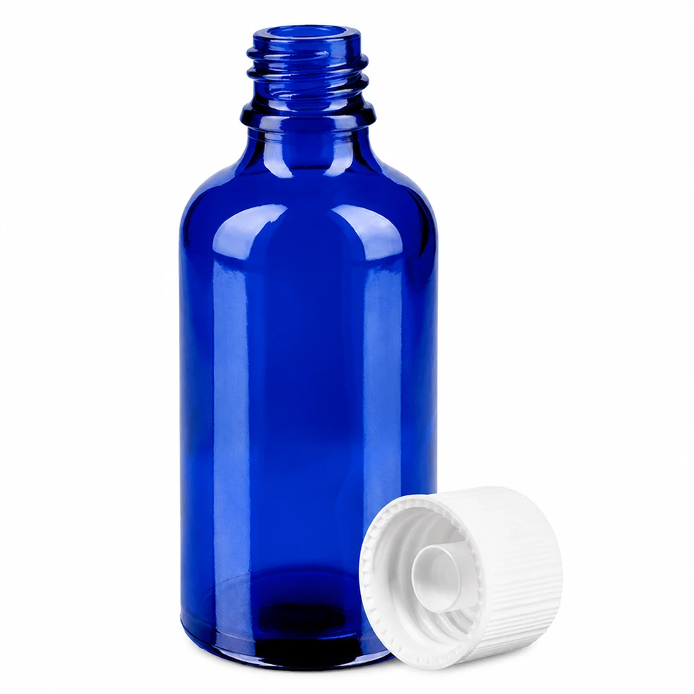 Pieni 50ml tippapullo sininen, valkoinen korkki eteerisille öljyille ja tinktuureille.