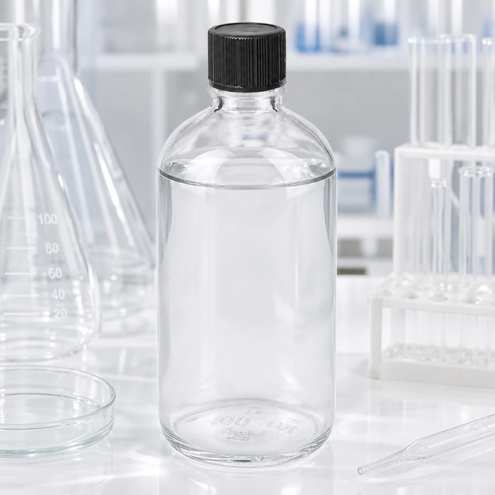 Laboratorioympäristö, jossa on 100 ml:n ClearLine-tiputuspullo STD UT18, musta korkki, 1 mm:n aukko