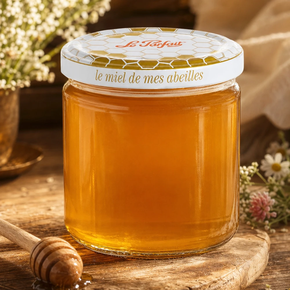 Le Parfait Hunaja säilytyspurkki 212ml täynnä kultaista hunajaa puisella laudalla, jossa on hunajalusikka ja kukkia.