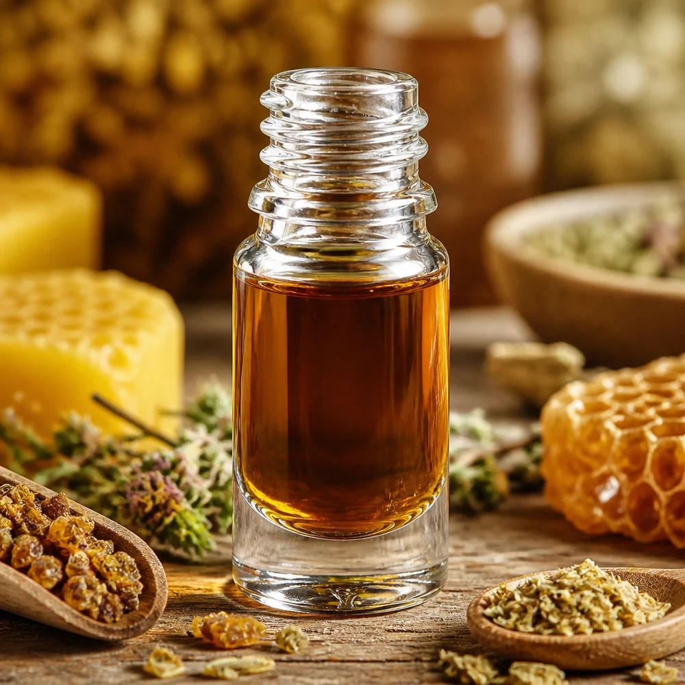 Kirkas lasipullo 5ml DIN 18 Laadukas 5ml ApoGlas-apteekkipullo, jonka sisältö on hunajanvärinen, maalaismaisella puupöydällä.