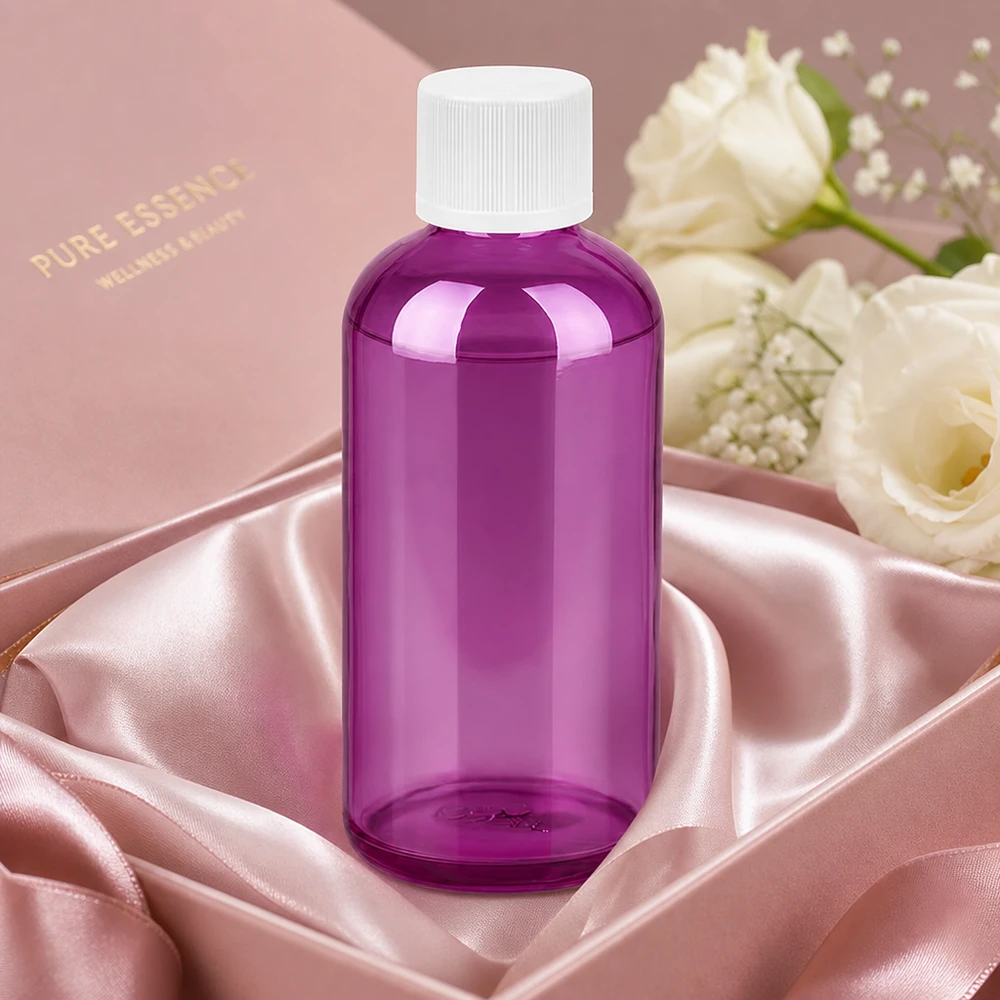 100ml pullo 11mm ruuvikorkki valkoinen standardi lapsiturvallinen PurpleLine. UT18/100 100ml muovipullo, jossa sileä pinta, violetti läpinäkyvä ja valkoinen kierrekorkki.