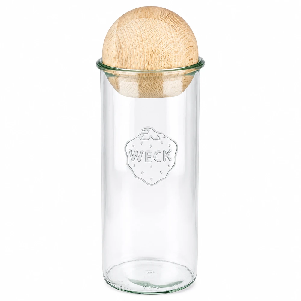 1500 ml:n juomapullot WECK RR100, jossa on puupallo pyökkiä. WECK RR100 tumblers 1500ml, jossa on pyökkipuinen pallokansi, läpinäkyvä säilytysastia keittiöön.