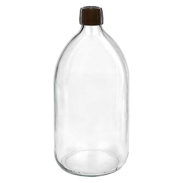 1000ml lääkepullo kirkas, korkki ruskea, jossa on peukaloinnin estävä rengas ApoGlas 1000ml lääkepullo kirkas, korkki ruskea, jossa on peukaloinnin estävä rengas ApoGlas