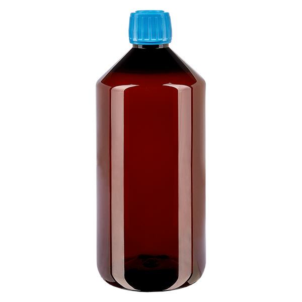 PET-pullo 1000ml, jossa sininen korkki, jossa on väärentämisen estävä korkki.