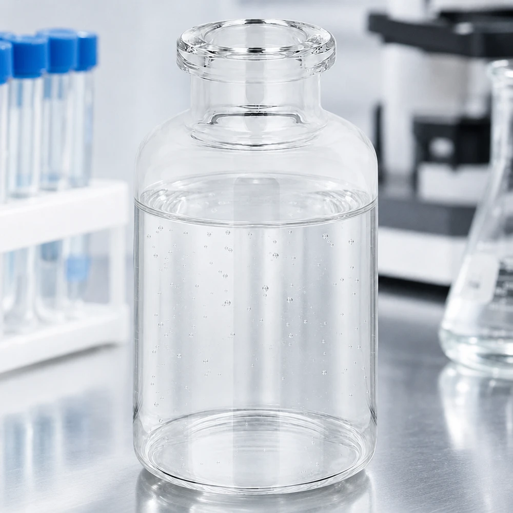 Injektiopullo kirkasta lasia 20ml Glasbehälter 20ml für Injektionspräparate mit Mikroskop und Reagenzgläsern im Hintergrund