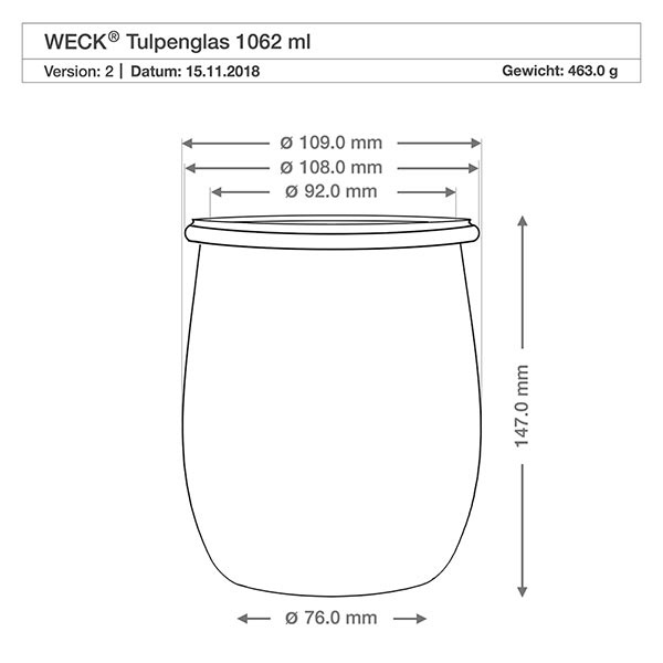 1062ml tulppaanipurkki WECK RR100 korkilla luonnonmukainen WECK tulppaanipurkki RR100 1062ml tekninen piirustus mitat halkaisija korkeus 147mm paino 463g eritelmä