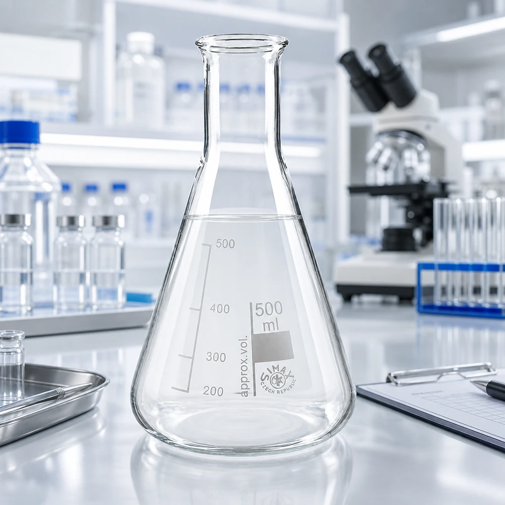 Erlenmeyer-pullo 500ml kapeakaulainen pullo Kapeakauluksinen Erlenmeyerpullo 500ml kuumuutta kestävää lasia kemiallisten kokeiden tekemiseen.