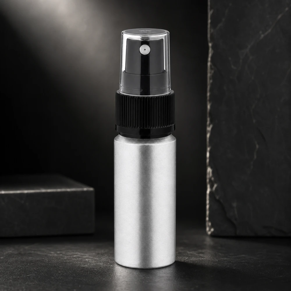 20ml värjätty alumiinipullo, jossa on sumutin. Elegantti 20 ml alumiininen suihkepullo, jossa on läpinäkyvä suojakorkki.