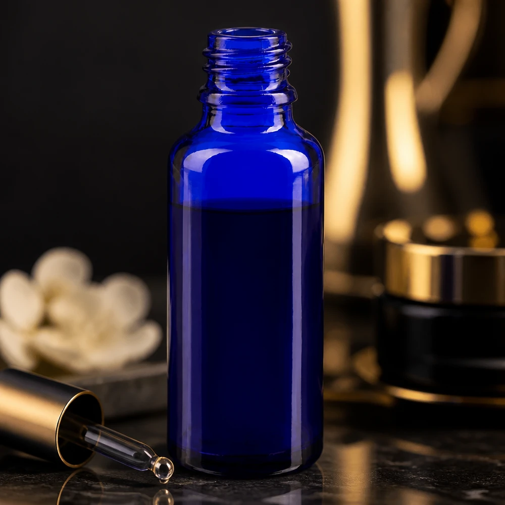Tiputinpullo 30ml DIN 18 BLAUGLAS Tyylikäs 30 ml:n ApoGlas-apteekkipullo koboltinsinisellä värillä ilman kantta tummalla marmoripinnalla