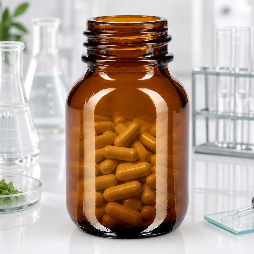 Ruskea lasipullo 50ml, jossa on leveä aukko, ihanteellinen kapseleille ja tableteille.