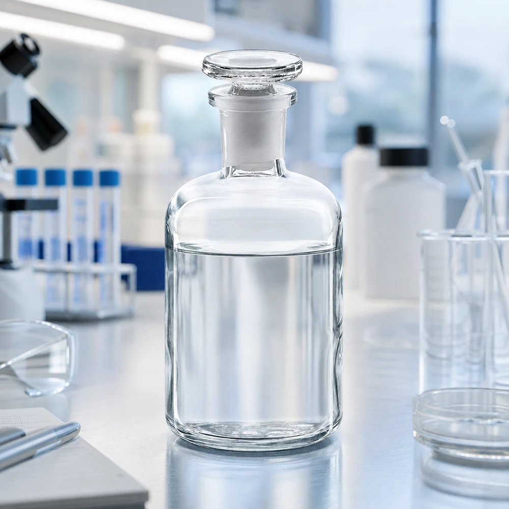 Tyhjä 100 ml:n kirkaslasipullo, kapeakaulainen, lasitulpalla, modernissa laboratoriossa