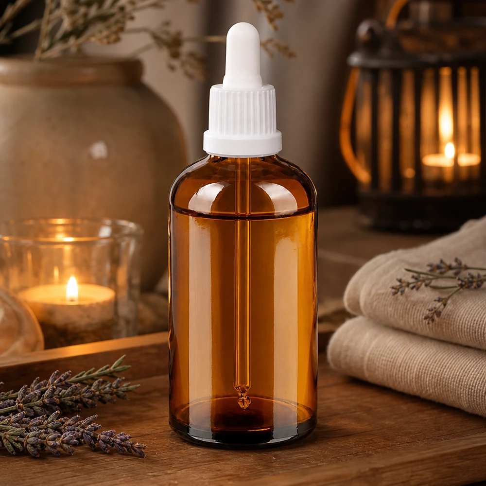 100ml apteekkipullo meripihkalasista pipetillä aromaterapiasovelluksiin