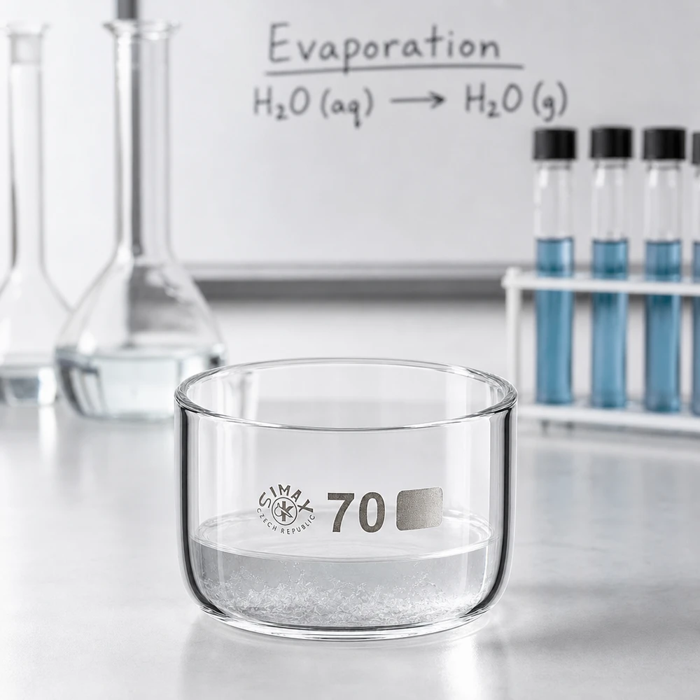 100ml kiteytysastia ilman kantta borosilikaatti ø70mm 100 ml:n kiteytysastia, borosilikaattilasia, jossa on valkoisia suolakiteitä, laboratoriopöydällä haihdutuskokeen aikana