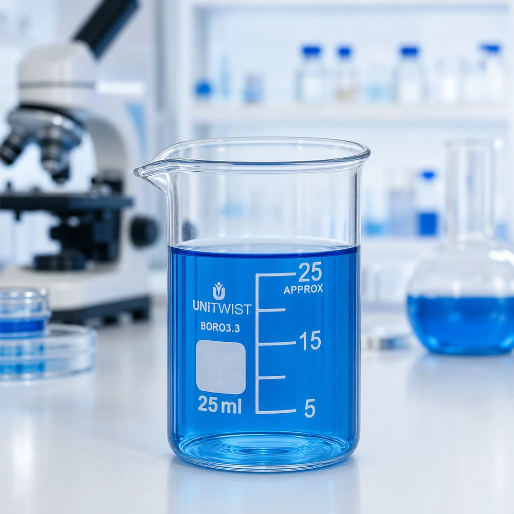UNiTWIST:n 25 ml:n matalaprofiilinen lasiastia, jossa on sinistä nestettä, laboratoriossa valkoisella työtasolla