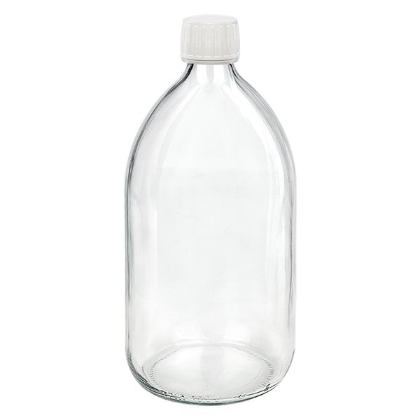 1000ml lääkepullo kirkas, valkoinen korkki, jossa peukaloitava rengas ApoGlas 1000ml lääkepullo kirkas, valkoinen korkki, jossa peukaloitava rengas ApoGlas
