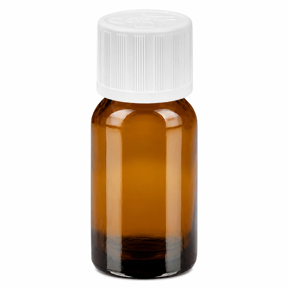 10ml pullo 11mm ruuvikorkki valkoinen vakio lapsiturvallinen BrownLine UT18/10 10ml meripihkanvärinen lasipullo, jossa on valkoinen kierrekorkki laboratoriosovelluksiin ja lääkitykseen.