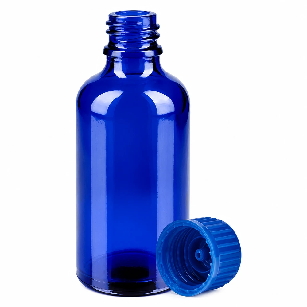 Sininen 50 ml:n lasipullo, jossa on 11 mm:n kierre ja sopiva kierrekorkki turvallista säilytystä varten.
