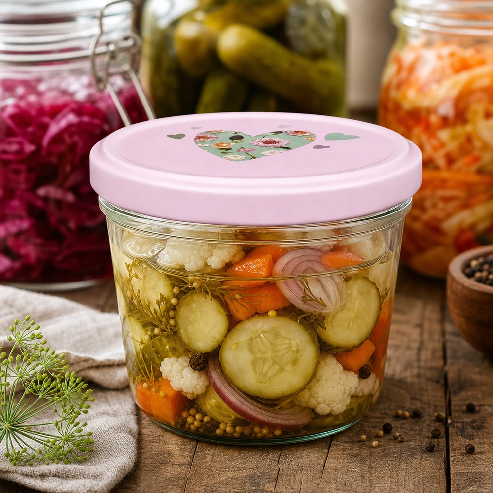 Sturzglas 230ml mit rosa Herz-Deckel für eingelegtes Gemüse Mixed Pickles Gurken Karotten Blumenkohl fermentieren