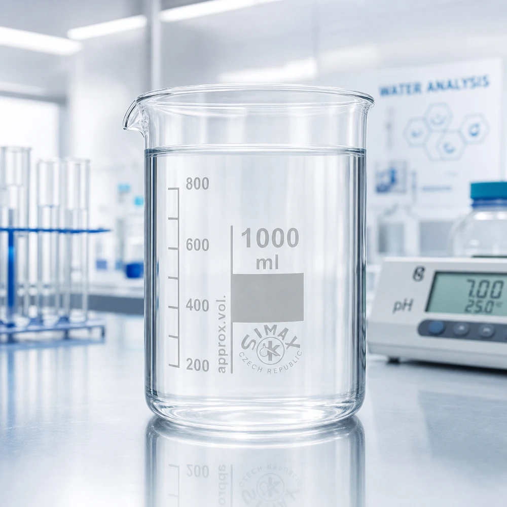 Juomalasi 1000ml borosilikaattilasi, matala muoto - Matalan muotoinen 1000 ml:n lasipannu borosilikaattilasista, matala muoto, jossa on kaatohuuli helppoa dekantointia varten.