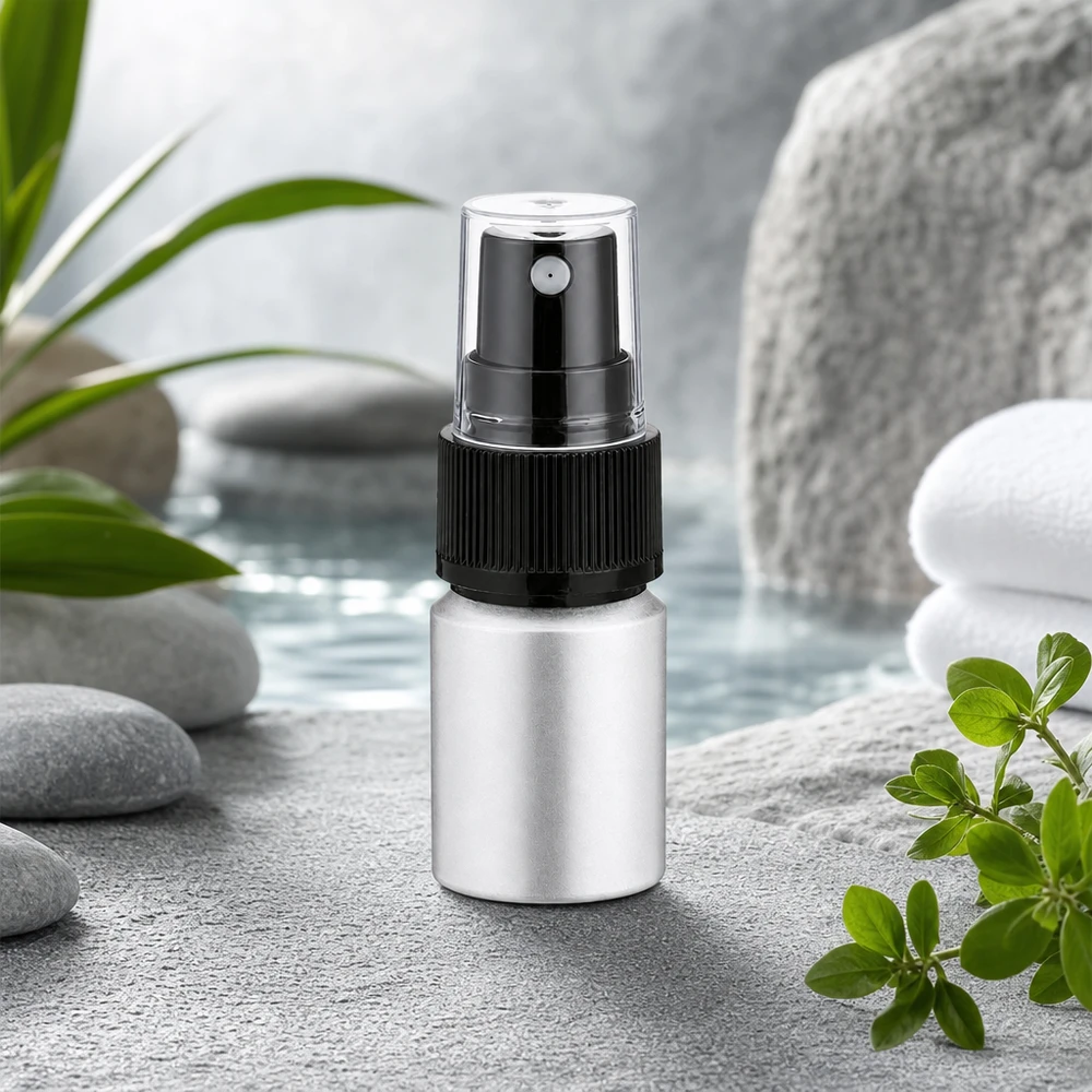 Pienikokoinen 10ml alumiinipullo mustalla sumuttimella ihanteellinen matkalle ja käsilaukkuun.