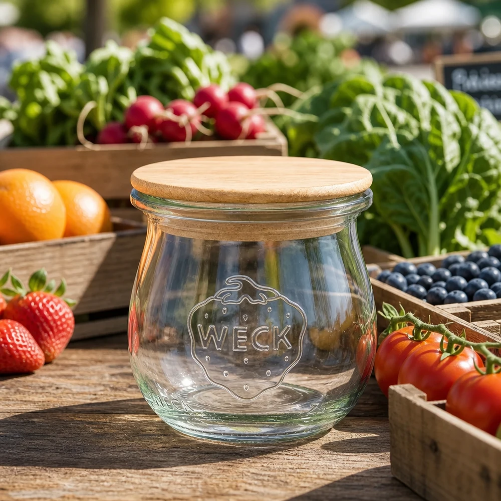 75 ml tulppaanipurkki WECK RR40 puukannella varustettuna WECK Tulpenglas 75ml mit Holzdeckel zwischen frischen Marktgemüse und Obst stilvolle Küchendeko Vorratsglas