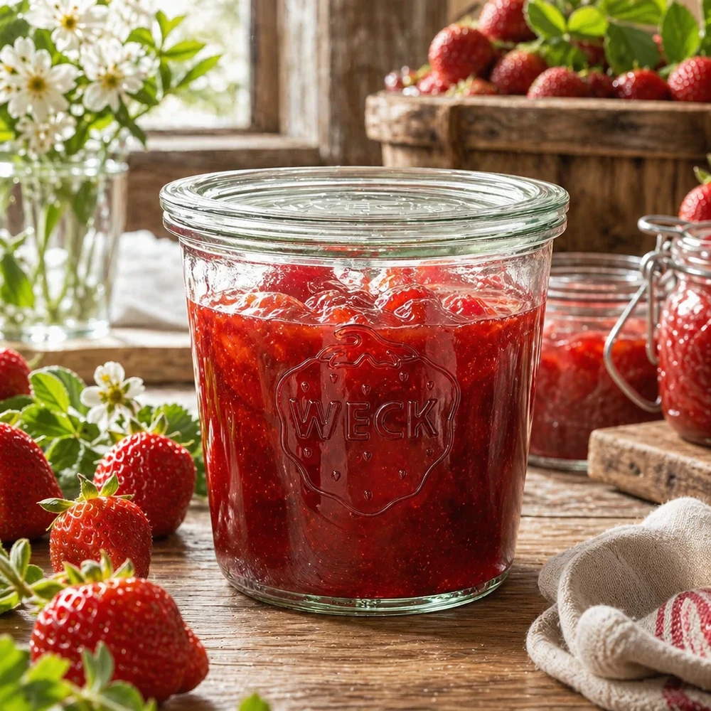 WECK säilöntätölkki 580ml täynnä mansikkahilloa maalaismaisessa keittiössä, jossa on tuoreita mansikoita ja kukkia