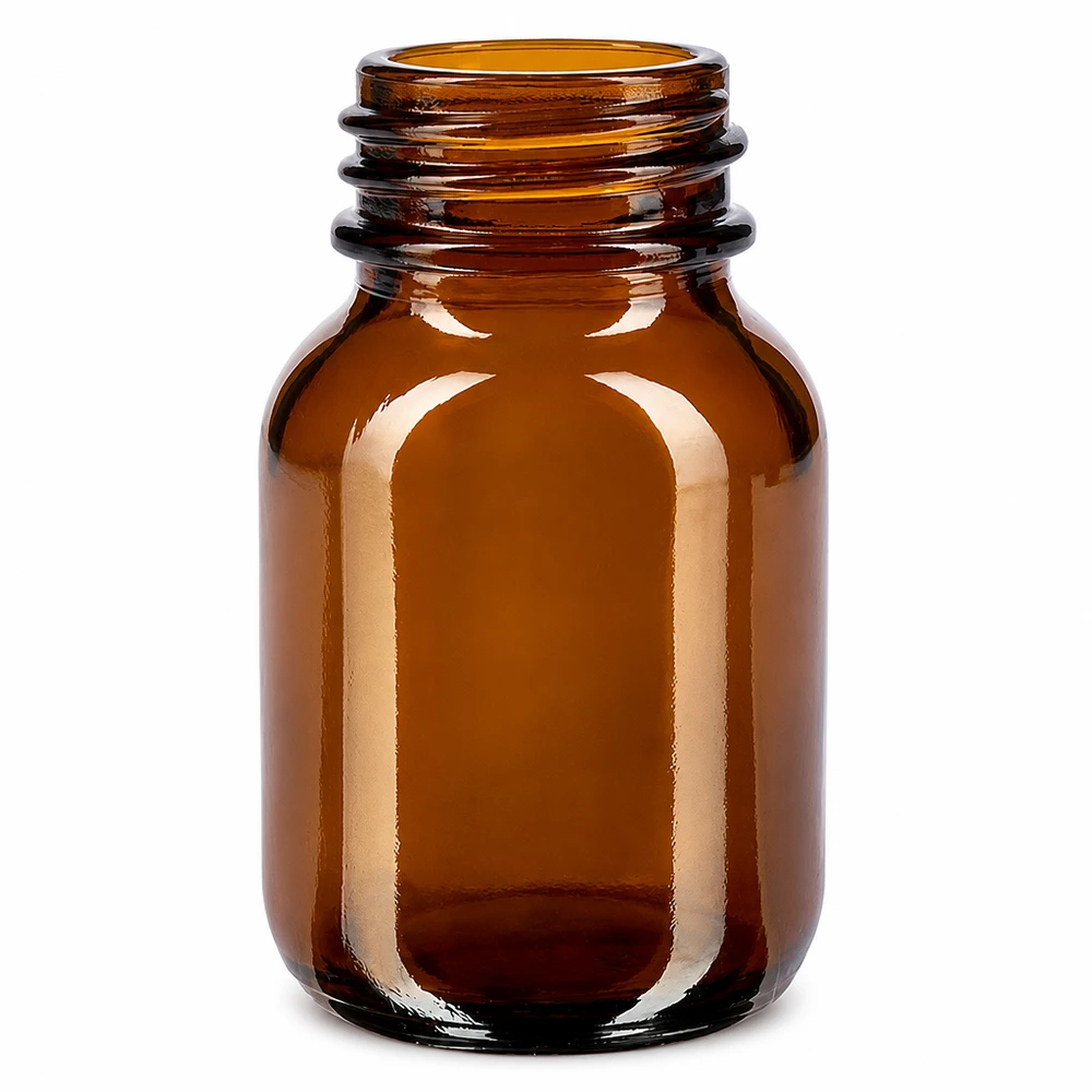 50 ml:n laajakaulainen pullo meripihkanväristä lasia kosmetiikkaan ja farmaseuttisiin tuotteisiin.