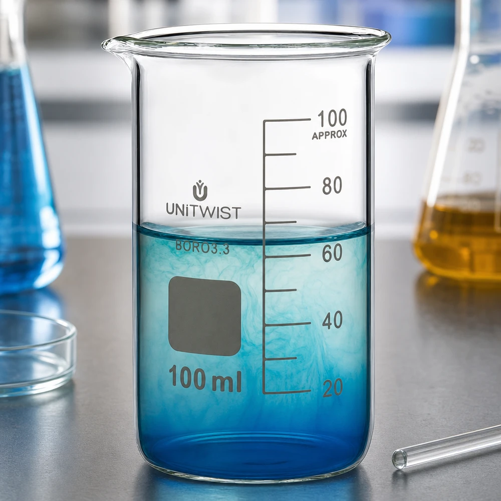 100ml borosilikaattilasi, korkea muoto UNiTWIST. 100 ml:n mitta-astia, korkea malli, borosilikaattilasia, mitta-asteikko 100 ml:iin asti, UNITWIST
