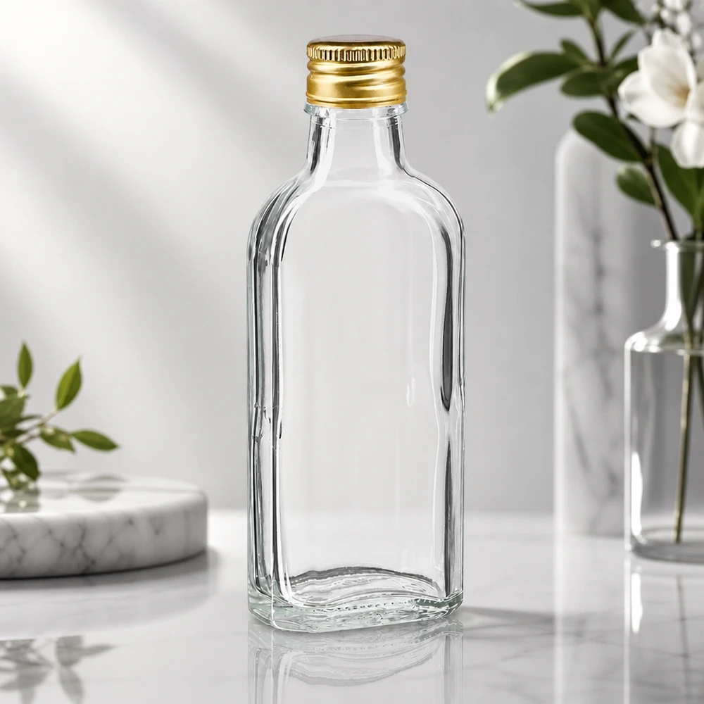 Tyhjä 100 ml:n Meplat-lasipullo, kirkas, kultaisella alumiinikannella PP22, marmoritaustalla